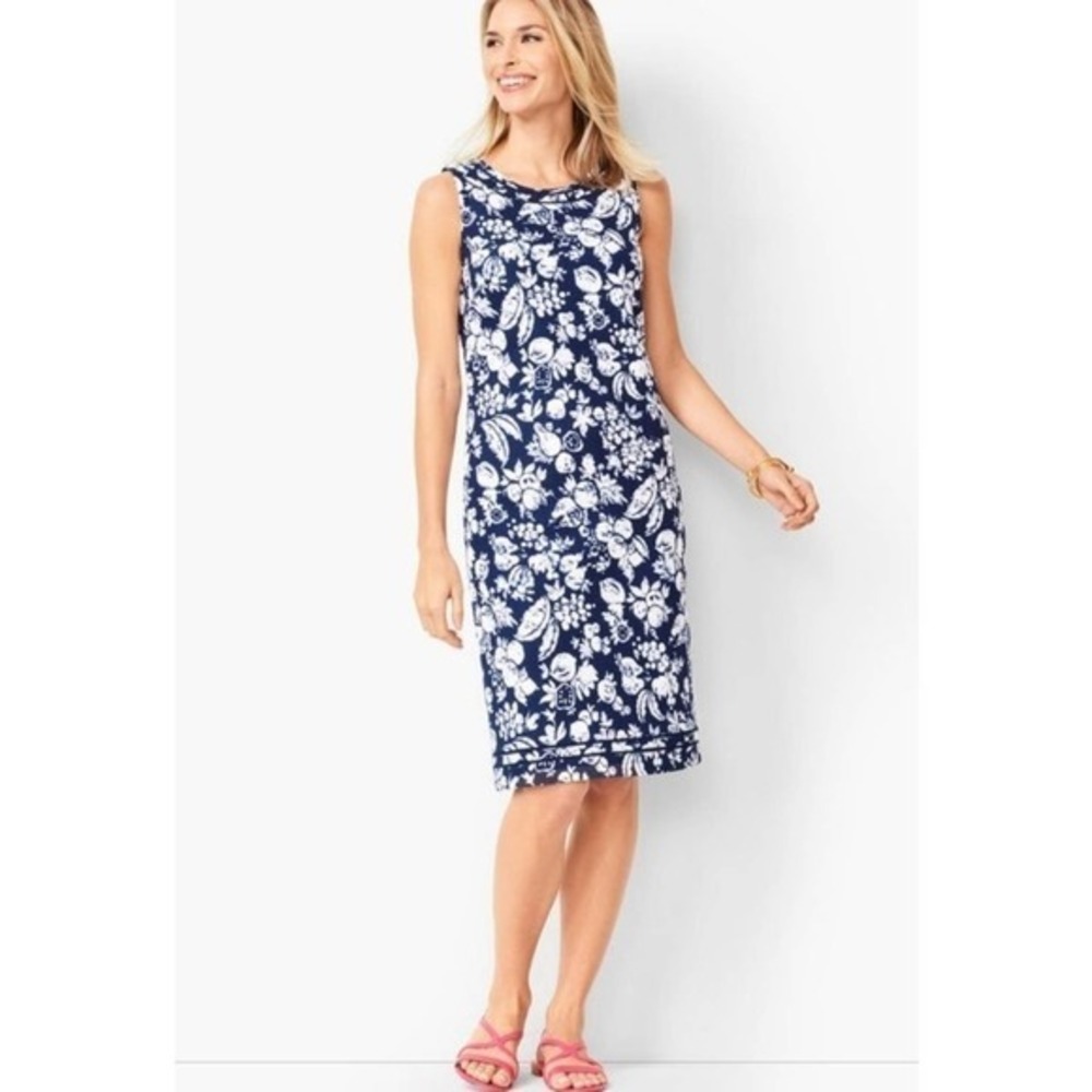 Talbots Blue & White MIXED FRUIT TEXTURED SHIFT DRESS 16 P 8 P petite New!